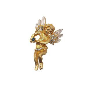 Vintage Gold Tone Angel Cherub Brooch With Rhinestones Blue Gem Accent